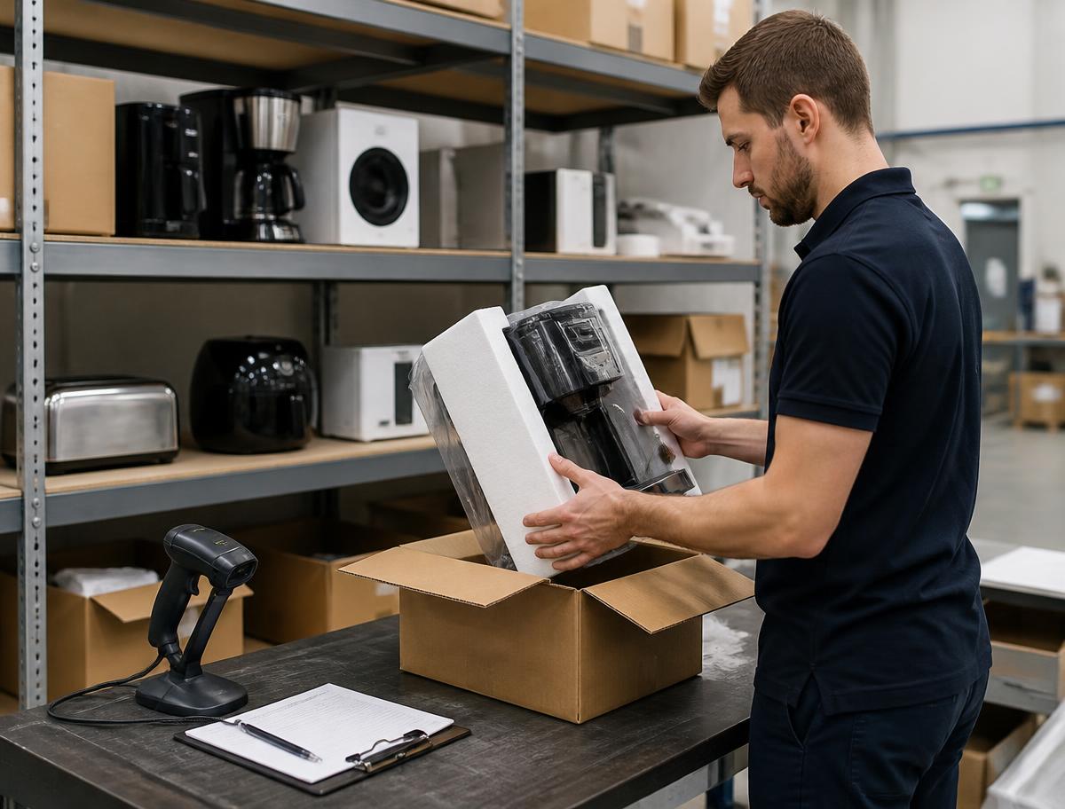 CABO Logistics team member inspecting and grading a returned home appliance